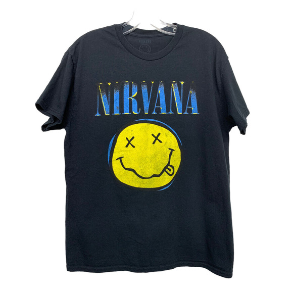 NIRVANA Tops - Nirvana Women size M Black Smiley Face Blue Logo T-Shirt Promo Retro